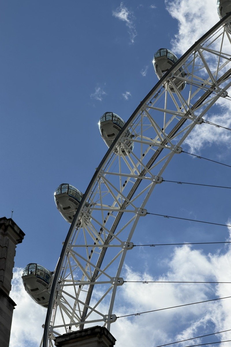 Vue en contre-plongée d'une grande roue blanche sous ciel nuageux