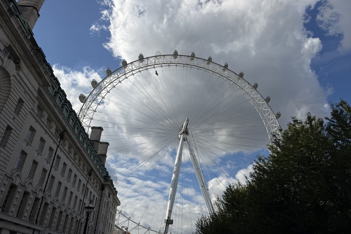 Grande roue blanche photographiée en contre-plongée sous ciel nuageux